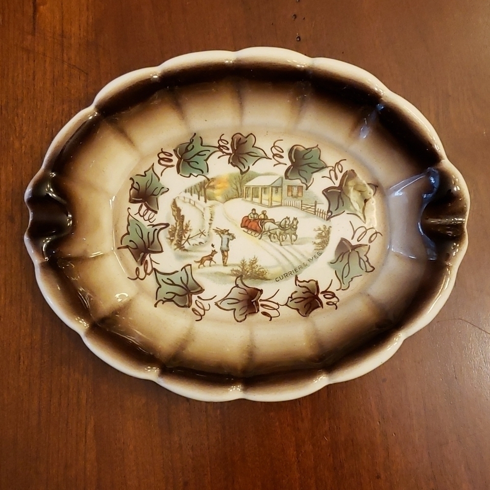 Vintage Currier & Ives Small Oval Ashtray Brown Winter Scene Very Pretty VGC